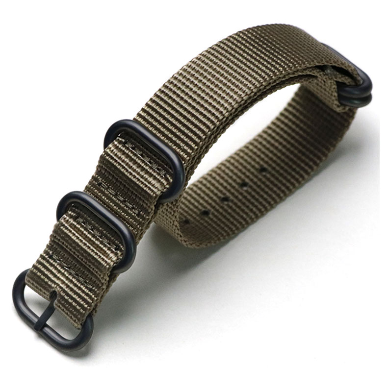 Tiera khaki ZULU-armband - Svart PVD spänne och ringar 24 mm